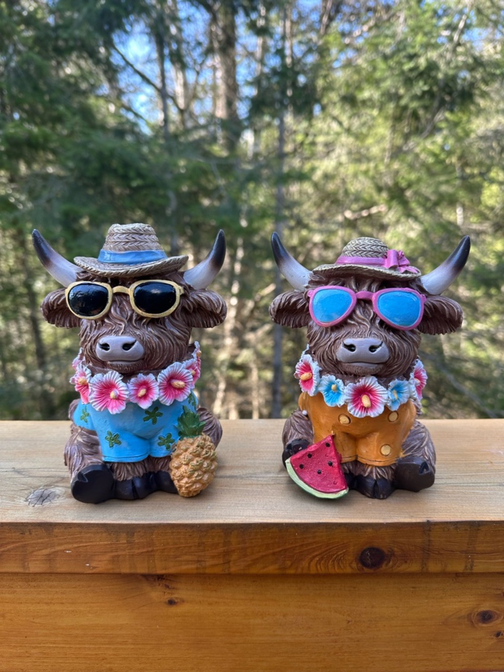 Set of 2 Tropical Cow Figurines - Bright Blue & Orange